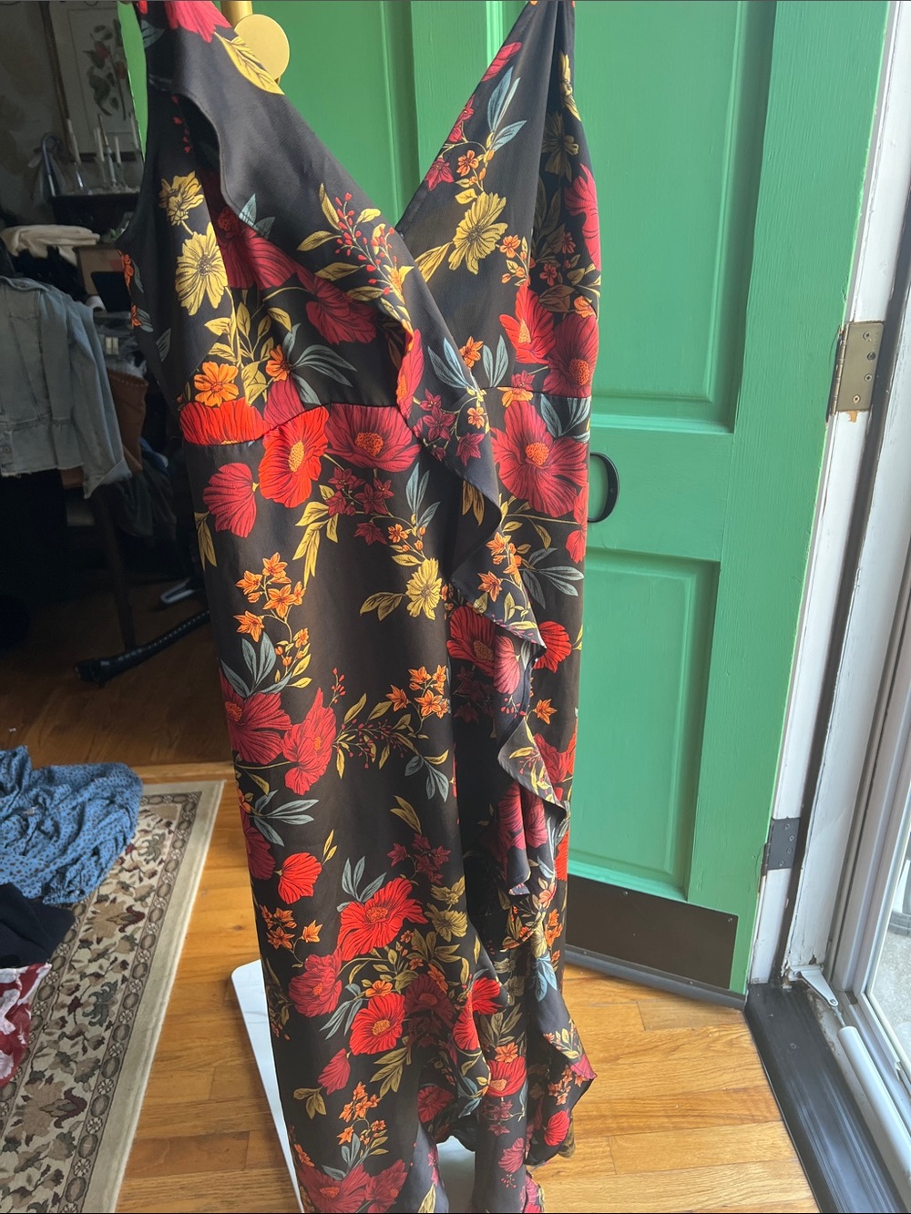 Sweet Lemon silky Maxi Dress with Red & Green Blooms Sz M NWoT